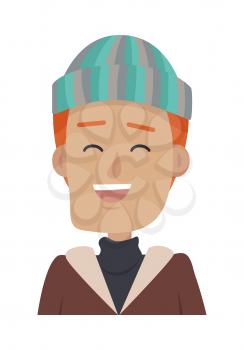 Hat. Smiling young man in colourful hat. Male with red hair wearing stripped bright hat. Cap with blue, green, silver lines. Brown jacket. Dark silver sweater. White background. Vector illustration