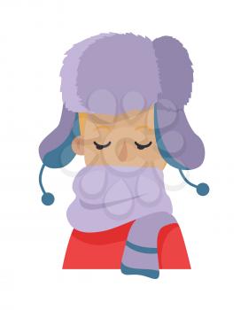 Hat. Young man hiding his face in woolen violet scarf. Warm violet hat with ear flaps on male. Scarf with two blue stripes. Knitted red sweater. White background. Flat design. Vector illustration
