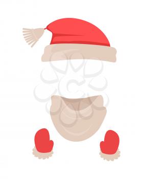 Hat. Warm Santa claus red hat. Red and white headwear. Woolen warm white scarf. Red mittons. Stylish winter headwearing stuff in icons on white background in flat design. Vector illustration