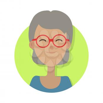 Avatar userpic icon. Isolated old woman on portrait smiling and wearing red round glasses. Dark green blouse anf grey hair. Light green circle on white background in flat design. Vector illustration.