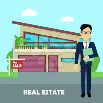 Real estate broker at work. Real estate agent, house building, property home, realtor and rent, sale housing, buy apartment. Part of series of modern buildings in flat design style. Vector