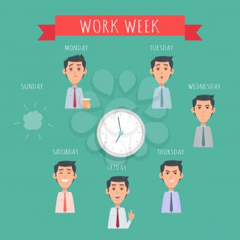 Work week concept. Set of man illustrations. Avatar userpics of emotions. Monday, Tuesday, Wednesday, Thursday, Friday, Saturday, Sunday. Clock in middle. Variety of emotions office worker Vector