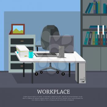 Workplace conceptual vector web banner. Flat style. Office room with armchair, computer monitor on the desk, rack with documents. Comfortable place for work modern business apartments design