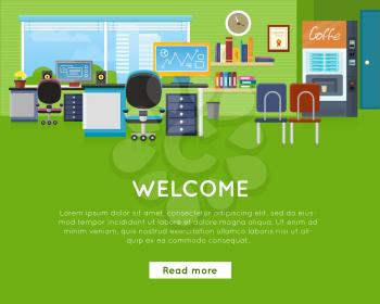 Welcome in office concept. Office interior background. Modern office interior with desktop. Interior office room. Modern office room against the window. illustration of office. Website template