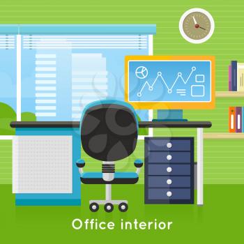 Office interior in flat style. Modern business workspace with window. Tidy organized workplace for creative worker. Modern furniture and equipment in the room. Working place with desktop. Vector