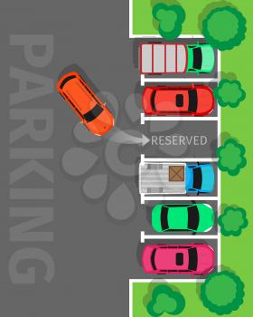 City parking vector web banner. Flat style. Shortage parking spaces. Large number of cars in a crowded parking. Urban infrastructure and car boom. For rental, architectural company web page design