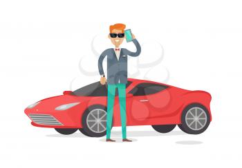Rich man in expensive suit standing near red coupe car isolated on white. Handsome guy in stylish clothes near his cool car. Young male in glasses and luxury clock. Cute cartoon character. Vector