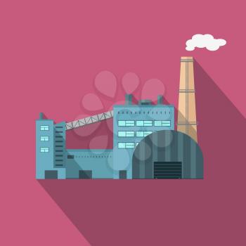 Factory building with pipes in flat. Industrial factory building concept. Industrial plant with pipes. Plant with smoking chimneys. Factory icon. Vector illustration with long shadow.