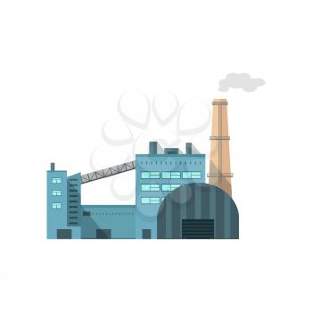 Industry manufactory building icon. Factory producing oil and gas, metals and rubber, energy and power. Nuclear manufacturing station making smoke and air pollution. Destroying nature. Vector