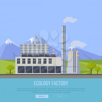 Ecology factory banner. Gray factory building with pipes on nature mountain landscape. Industrial plant with pipes in flat. Plant with smoking chimneys. Ecological production concept. Website template