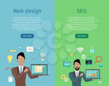 Web design, SEO infographic concept set. Man in business suit and tie with laptop on background with communication and design icons. Website development, SEO process information, design presentation
