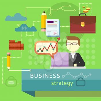 Business strategy. Performance analysis banner. Person working at laptop, making financial planning or generating report. Presentation. Business man search for solutions infographics. Vector