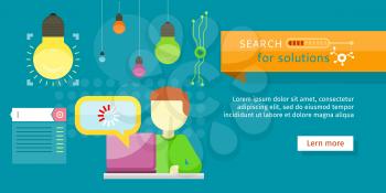 Search for solutions banner. Person working at laptop, businessman presenting development and financial planning. Idea bulbs. Strategy, performance analysis. Creating plan, generating report. Vector
