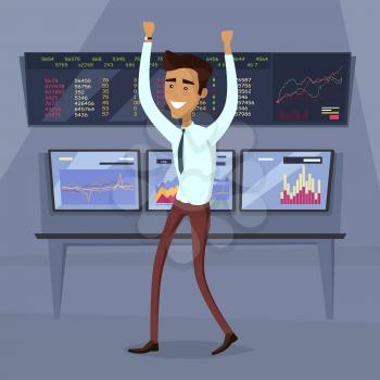 Business success illustration. Flat style design vector. Great deal, good day concept. Happy man with raised hands enjoying his success. Getting result. Online trading. Isolated on white background.