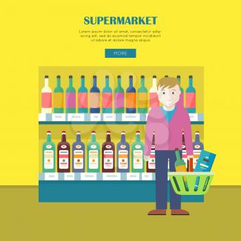 Supermarket concept web banner. Flat design. Smiling man character with basket full of goods near shelve with drinks in grocery store. Consumers choice and assortment illustration for web page design.