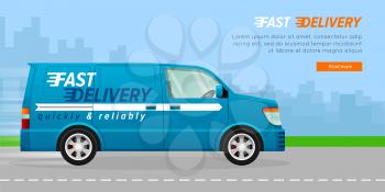 Blue delivery van with a white line on the asphalt road in the city. Fast four-wheeled mean of transportation. Blue background with many high buildings. Speed auto driving on the highway. Vector