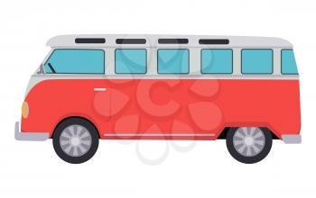 Retro travel red van icon. Surfer van. Vintage travel car. Old classic camper minivan. Retro hippie bus. Vector illustration in flat design isolated on white background.