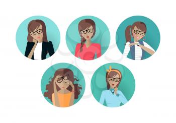 Set of userpic of a business lady. Woman at work icon symbol. Different female faces in circles. Girls user pics set. Avatar collection. Flat style. Part of series of daily routine of the week. Vector