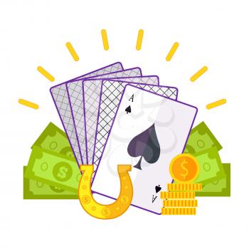 Gambling concept vector in flat style. Cards, horseshoe, dollar bills, golden coins. Illustration for gambling industry, sport lottery services, icons, web pages, logo design. On white background.