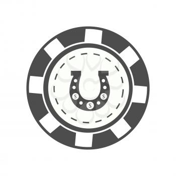 Gambling chip vector in monochrome. Black casino chip with horseshoe sign. Illustration for gambling industry, sport lottery services, icons, web pages, logo design. Isolated on white background.