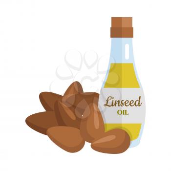 Linseed oil and flax seeds vector. Flat design. Healthy food, diet and cosmetic products. Seasoning. Culinary ingredient, source of protein, vitamins, fatty acids. Isolated on white background.