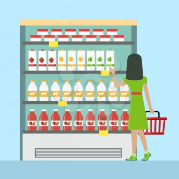 Woman with shopping basket in supermarket. Woman in green dress. Woman shopping, supermarket shopping, marketing people, market shop interior, customer in mall, retail store illustration in flat