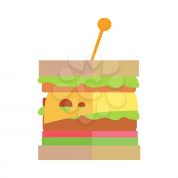 Cheeseburger vector illustration. Flat design. Classic sandwich with meat, cheese, tomatoes salad and sauces.   Fast food concept for cafe, snack bar, street restaurant ad, menu. Isolated on white.   