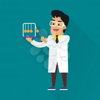 Scientists man in white robe and glasses at work. Scientist physicist holding Newton s cradle. Scientists in lab. Science and technology development, scientific research, research. Science background
