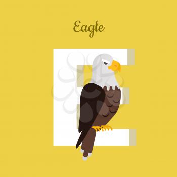 Animals alphabet. Letter - E. Big bald eagle sits on letter. Alphabet learning chart with animal illustration for letter and animal name. Vector zoo alphabet with cartoon animal on yellow background
