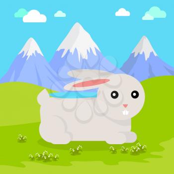 Funny hare sitting on green grass on background of mountain landscape. Gray hare with pink ears. Animal adorable mammal rabbit vector character. Natural background. Wildlife character