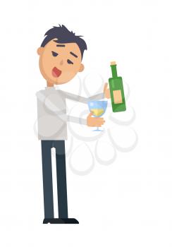 Drunk man in rumpled clothes, with messy hairstyle holding glass and bottle of wine flat style vector isolated on white. Drinking alcohol. Hangover after party. For healthy lifestyle concepts design