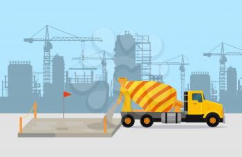 Pouring concrete on construction vector concept. Concrete mixing truck on building site, silhouettes of buildings and cranes on background. For concreting process illustrating, building company ad