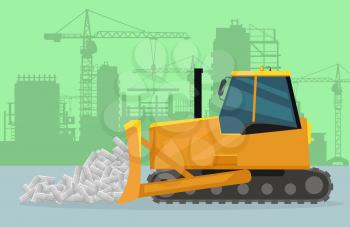 Bulldozer on construction vector concept. Dozer pushing bricks, silhouette of buildings and cranes on background. Industrial machine. For construction theme illustrating, building companies ad