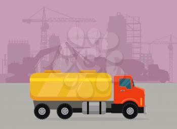 Cargo truck with tank for transporting liquids on building area. Flat design cement truck icon. Oil and gas industry concept. Trucking vector banner. For cargo companies, advertising. Vector