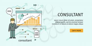 Management consulting banner. Consultant in business suit and tie making a presentation near whiteboard with infographics. Shows business graphs. Business consulting, business strategy concept.