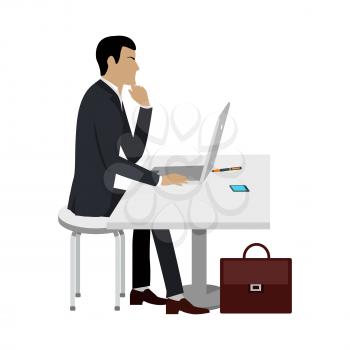 Business ducation. Businessman working at the computer laptop. Man sitting at the desk and working. Business education infographic. Professional growth, constant learning concept. Vector illustration