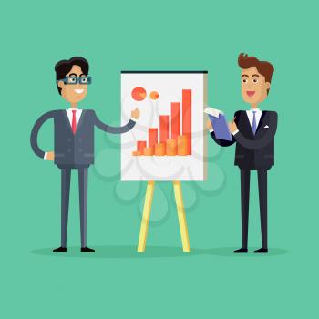Two businessmen in business suit and tie making a presentation in front of whiteboard with infographics. Smiling young men personages in flat design isolated on green background.