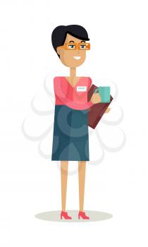 Business woman with cup of hot hot drink. Concept of business people coffee break, business team coffee break, communicating at break. Isolated smiling young personage. Flat design vector illustration