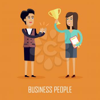 Business people concept vector in flat style. Successful woman raises cup above her head and receives applause from colleagues. Illustration for business concepts, web pages design, infographics.   