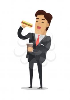 Office lunch break vector concept. Flat design. Smiling man in business suit with coffee cup in hand eating hot dog. Street fast food. For cafe, eatery, ad. Snack at work. On white background