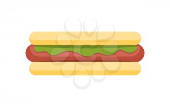 Hod dog vector illustration. Flat design. Traditional fast food dish with buns, sausage, salad and spices. Junk street snack. For food concepts, diet infographics, restaurant menu and ad. On white 
