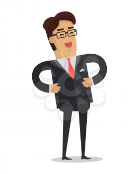 Merry businessman vector. Flat design. Man character in business suit and glasses standing and laughing. Happiness and good mood concept. For humor and people emotions concepts. Isolated on white