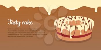 Tasty cake. Festive cake web banner. Chocolate cake bakery isolated design flat. Birthday cake, dessert and cookies, sweet confectionery, delicious cream, tasty pastry cake. Vector illustration