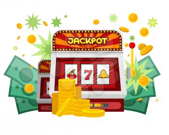 Slot machine web banner isolated on green. One arm gambling device. Casino jackpot, slot machine, fruit machine, luck game, chance and gamble, lucky fortune. Vector illustration in flat style