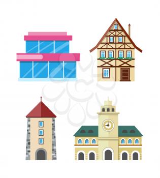 Historic and modern buildings set. Glass structure, fachwerk house, stone tower with arch, town hall with clock flat vector illustration isolated on white background. Architectural, historical icons
