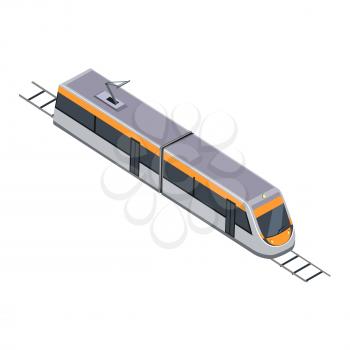 Subway train isolated on white. Vehicles designed to carry large numbers of passengers. High speed inter-city commuter train. Public electric transport. Part of series of city isometric. Vector