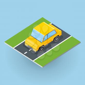 Car on road vector illustration in isometric projection. Jeep, minivan picture for transport, traffic, city concepts, web, app, icons, infographics, logotype design. Isolated on white background