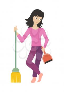 Woman member of the cleaner service staff with dustpan and broom. Worker of cleaning company. Successful cleaning business company. Lady housekeeper isolated on white. Vector illustration