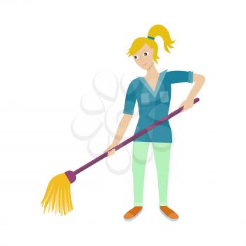 Cleaning service. Female member of the cleaner service staff in uniform. Worker of cleaning company with broom. Successful cleaning business company. Hotel charwomen isolated. Vector illustration