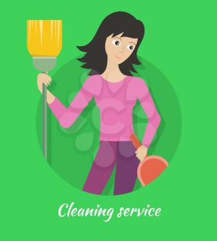 Cleaning service banner. Young woman with brush and dustpan. House cleaning service, professional office cleaning, home cleaning, domestic cleaning service. Website template.